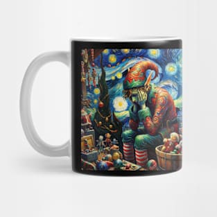 Solitary Elf: Starry Night Gift Preparation - Van Gogh-Inspired Art Series Mug